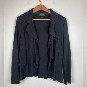 St. John Black Knit Jacket Waterfall Ruffle Open Front Made in USA Size 10